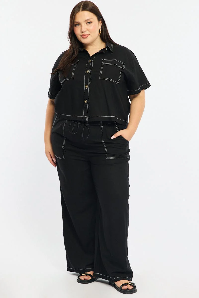 Black Cropped Shirt Short Sleeve Contrast Stitch - Image 2