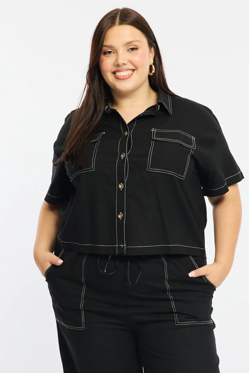 Black Cropped Shirt Short Sleeve Contrast Stitch - Image 3