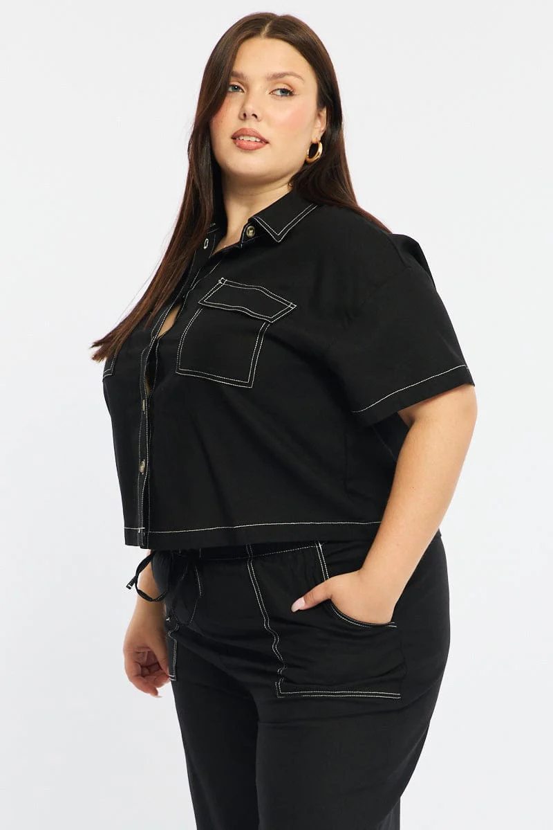 Black Cropped Shirt Short Sleeve Contrast Stitch - Image 4