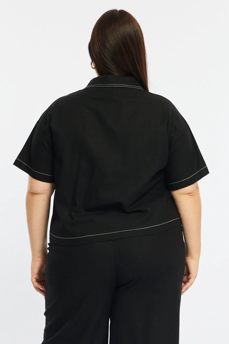 Black Cropped Shirt Short Sleeve Contrast Stitch - Image 5