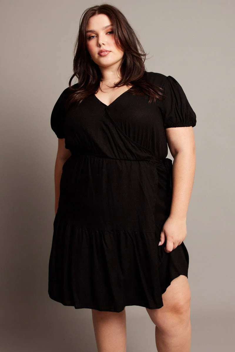 Black Crossover Cotton Blend Tiered Wrap Minidress - Image 2