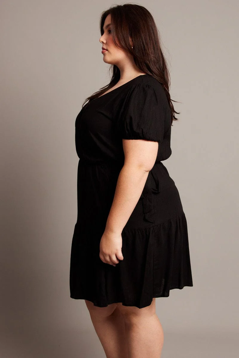 Black Crossover Cotton Blend Tiered Wrap Minidress - Image 4