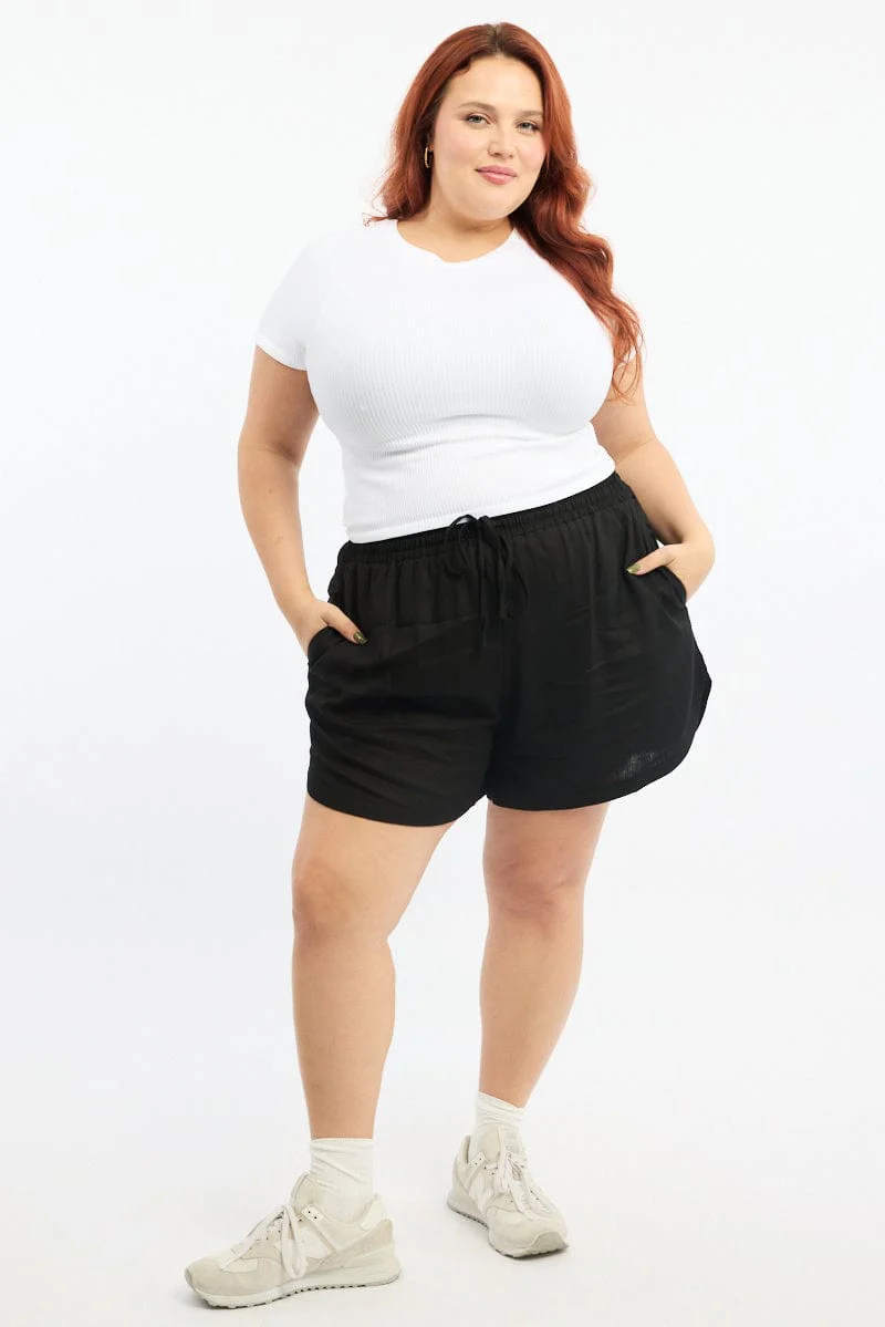 Black Curve Hem Linen Blend Shorts - Image 2