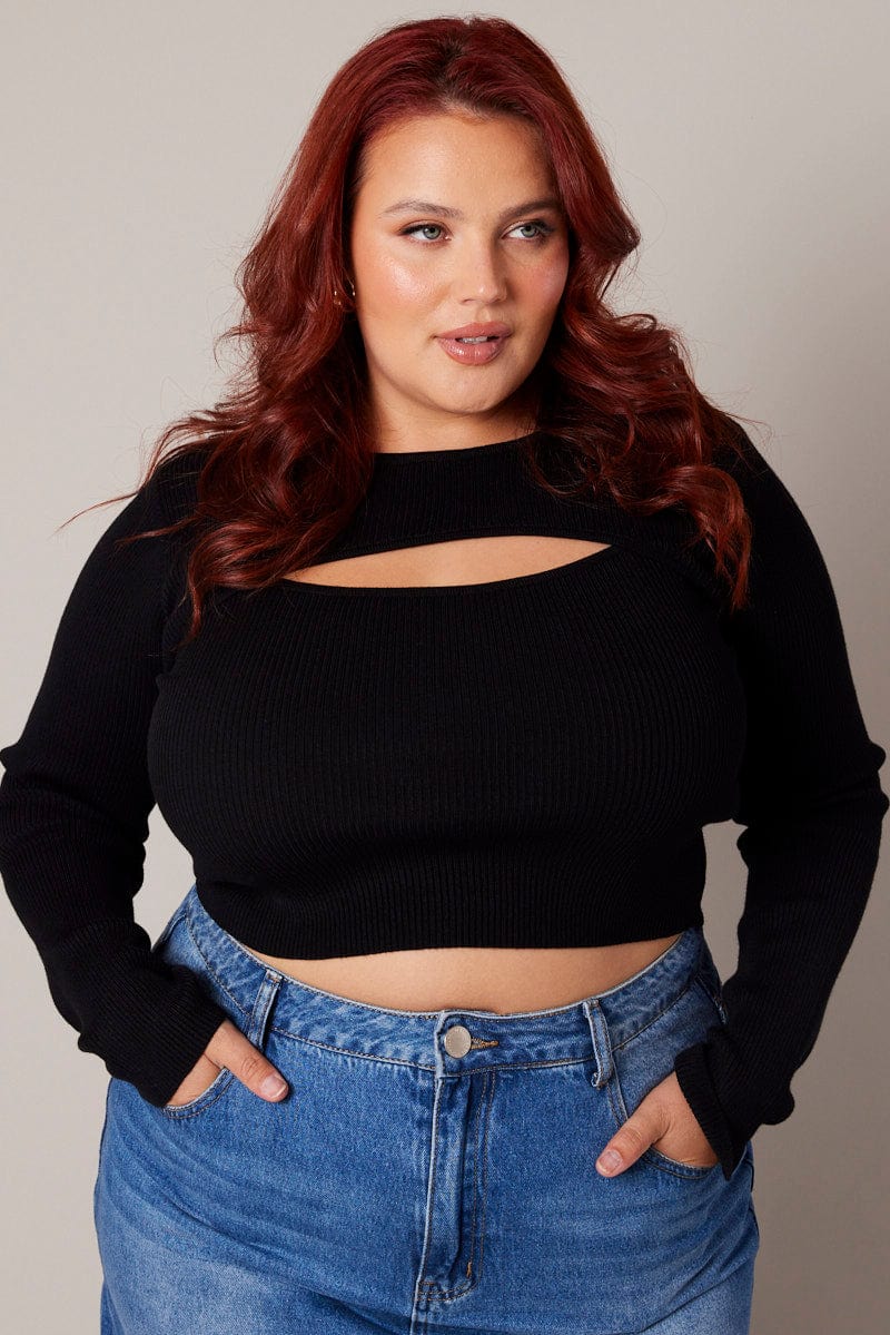 Black Cut Out Knit Top Long Sleeve - Image 2