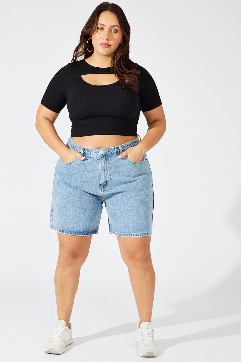 Black Cut Out Top Short Sleeve Crew Neck Seamless - Image 2