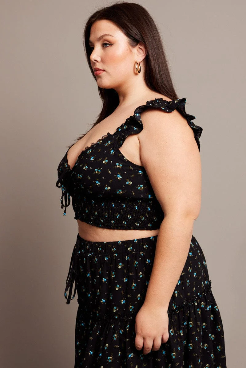 Black Ditsy Crop Top Short Sleeve Lace Trim Shirred Waist - Image 4