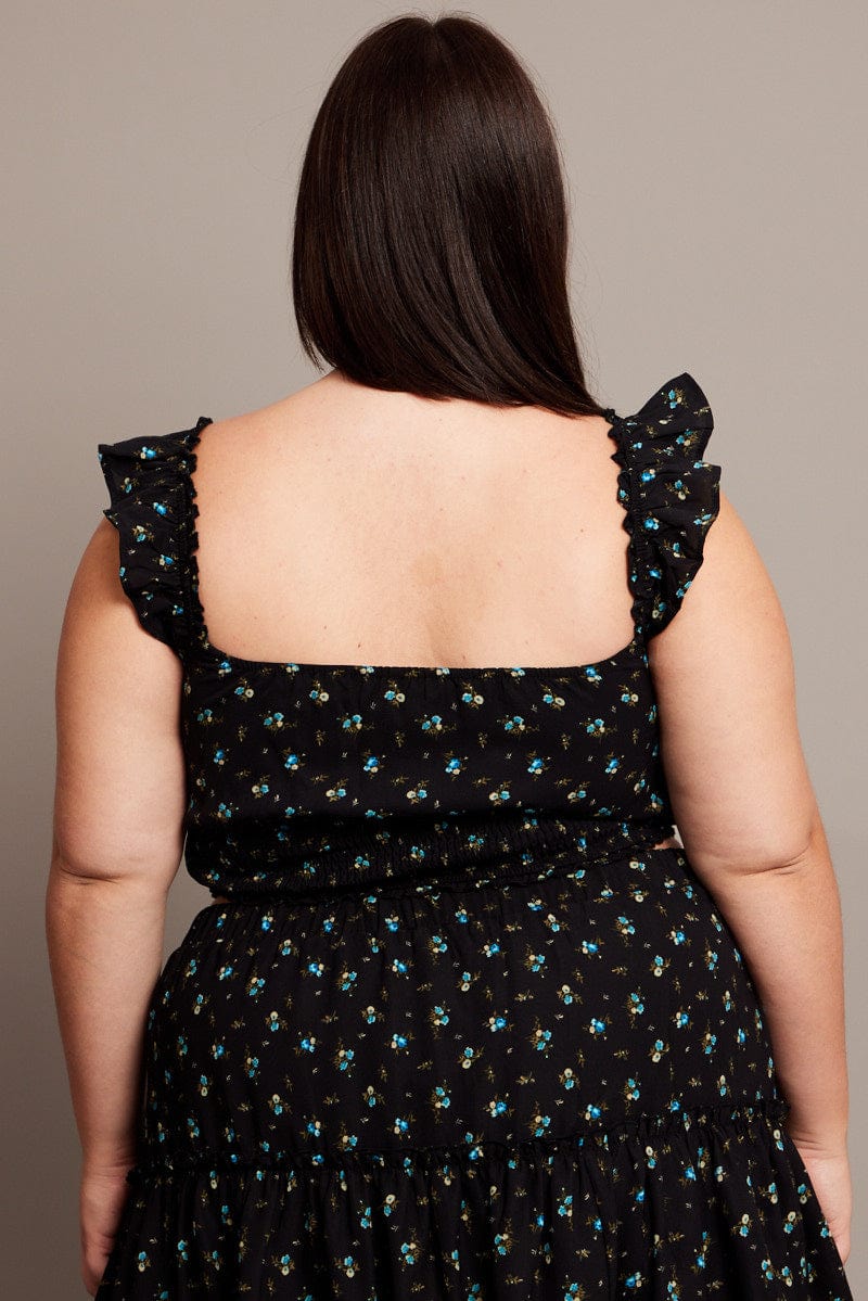 Black Ditsy Crop Top Short Sleeve Lace Trim Shirred Waist - Image 5