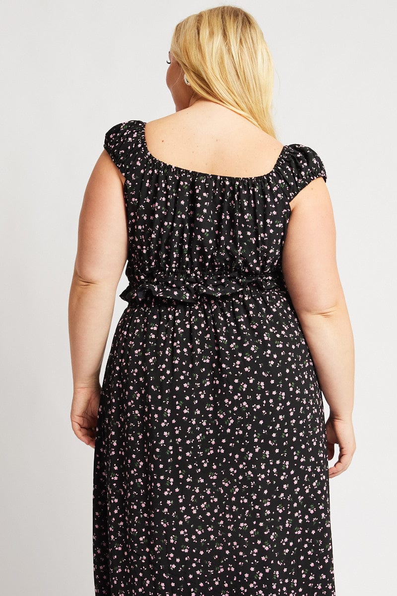 Black Ditsy Crop Top Short Sleeve Ruched - Image 5