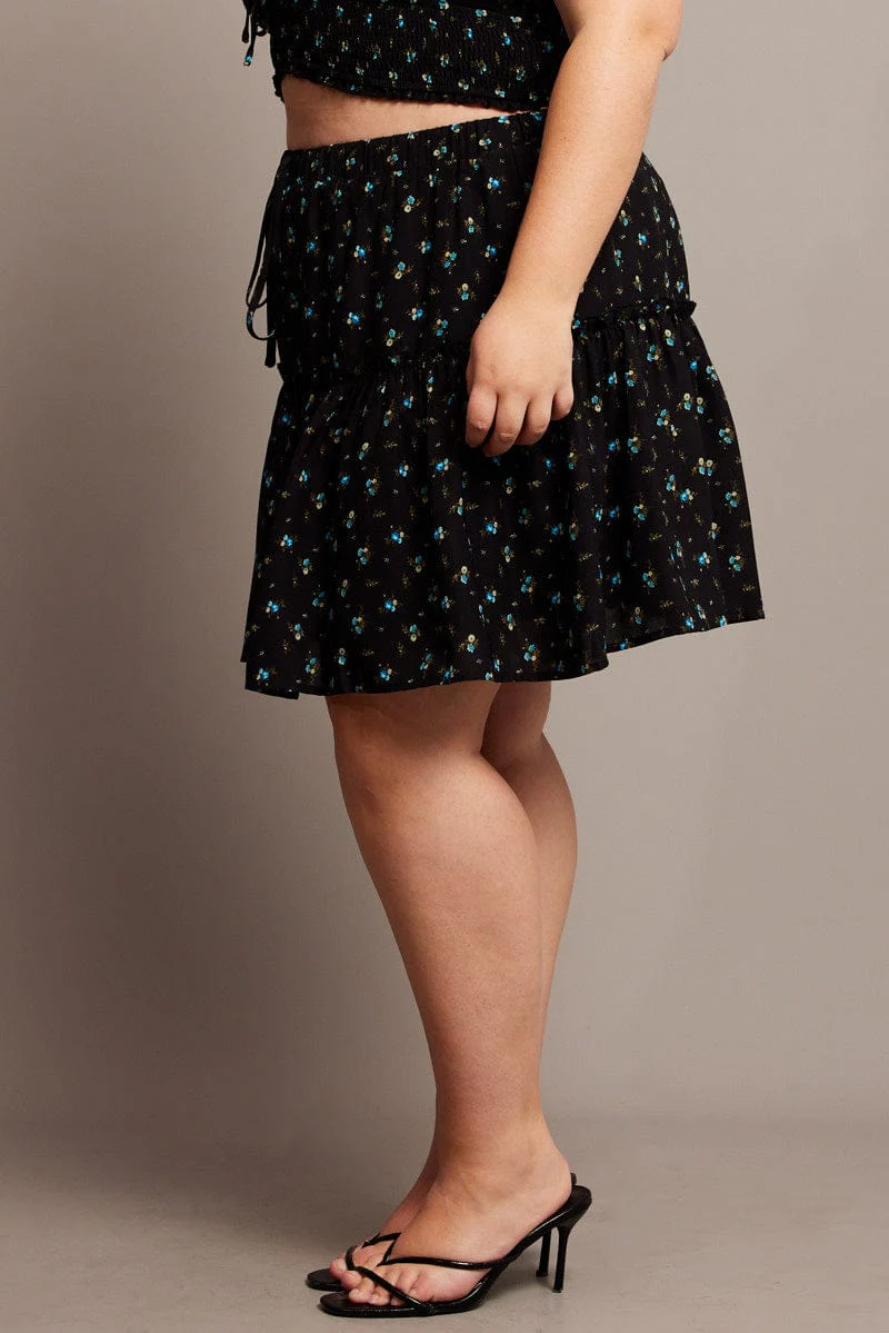 Black Ditsy Frill Hem Mini Skirt - Image 4
