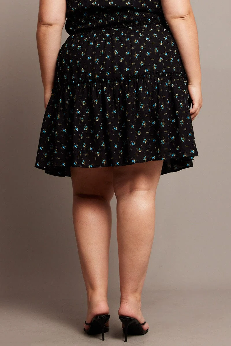 Black Ditsy Frill Hem Mini Skirt - Image 5