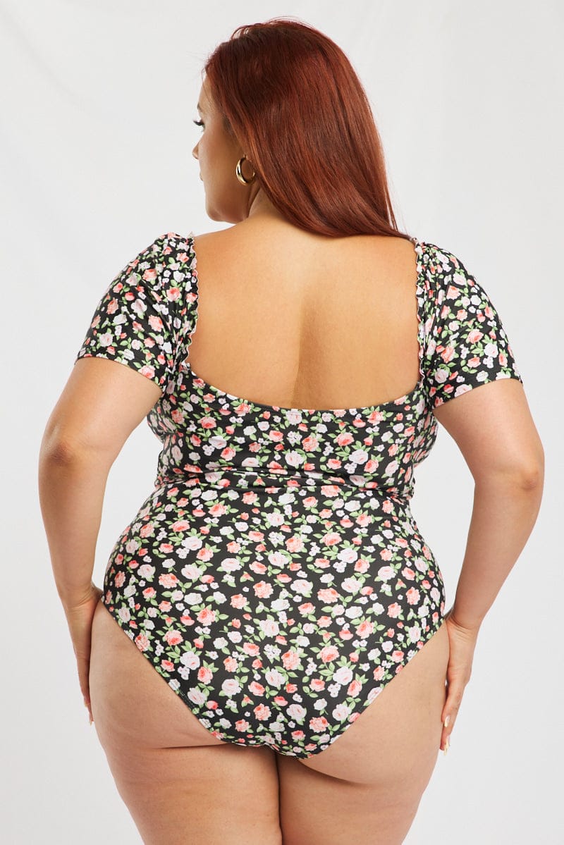 Black Ditsy Knot Front One Piece Swimsuit - Image 5
