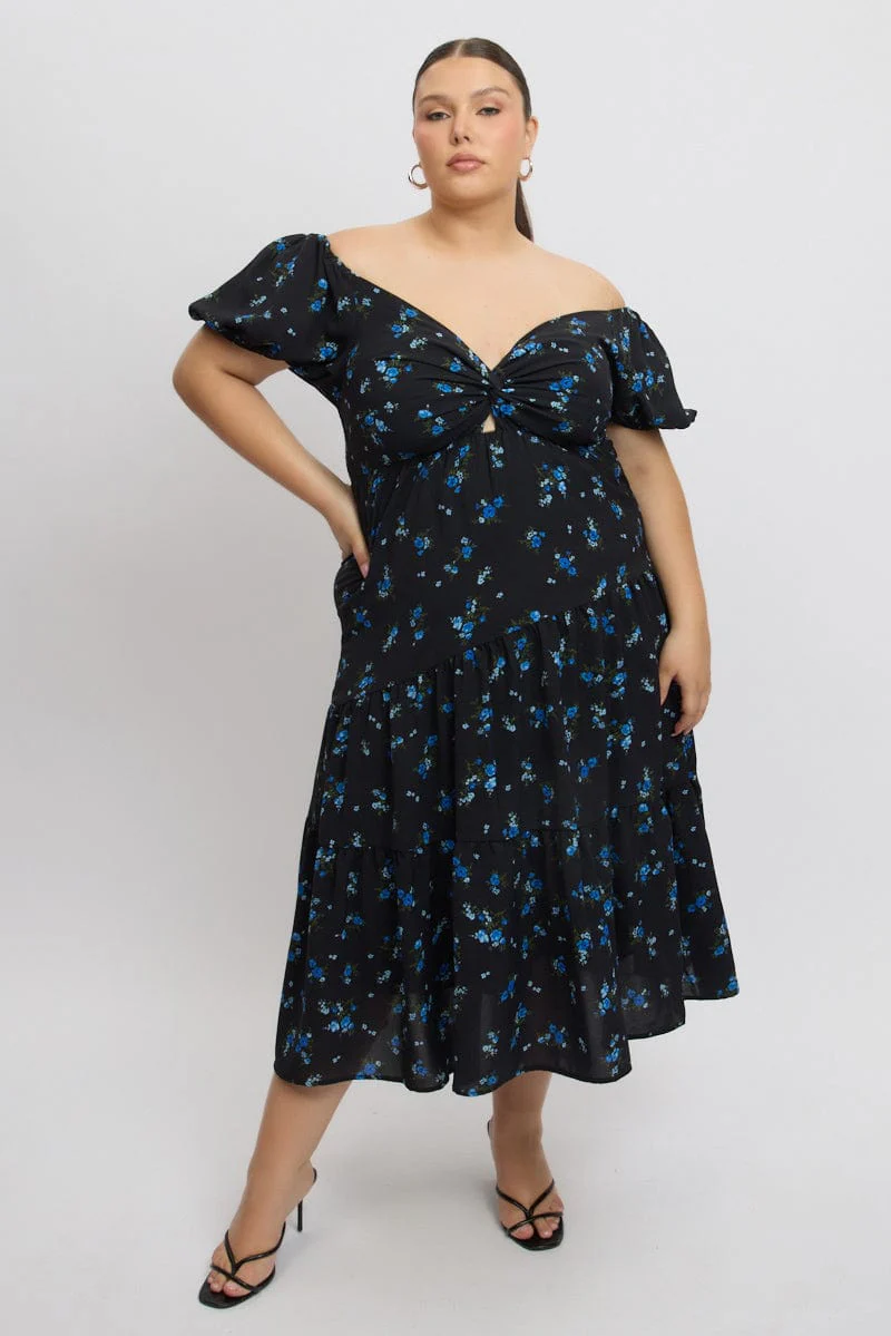 Black Ditsy Midi Dress Short Sleeve Cut Out - Image 2