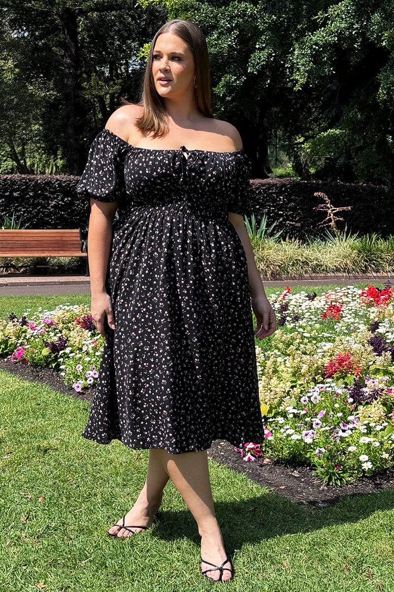 Black Ditsy Midi Dress Short Sleeve Ruched Bust