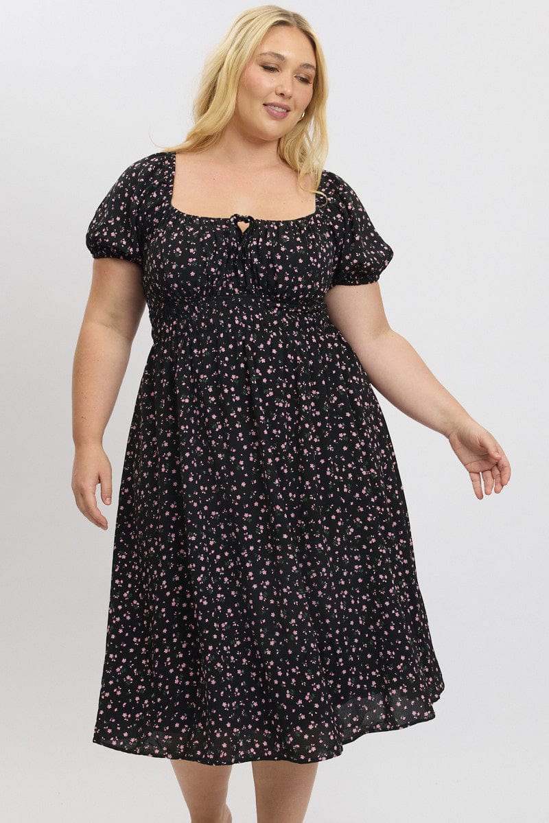 Black Ditsy Midi Dress Short Sleeve Ruched Bust - Image 2