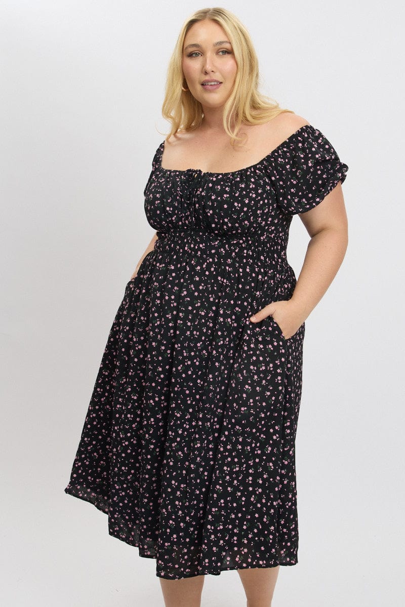 Black Ditsy Midi Dress Short Sleeve Ruched Bust - Image 3