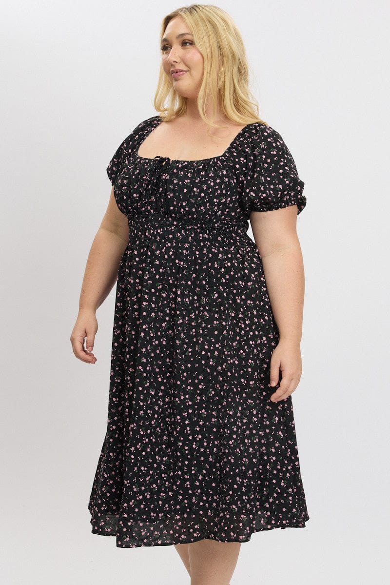 Black Ditsy Midi Dress Short Sleeve Ruched Bust - Image 4