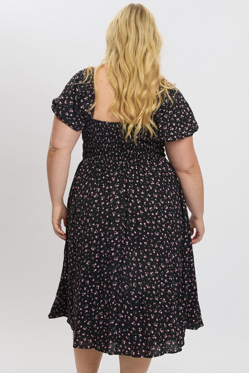 Black Ditsy Midi Dress Short Sleeve Ruched Bust - Image 5