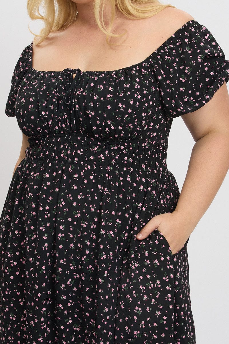 Black Ditsy Midi Dress Short Sleeve Ruched Bust - Image 6