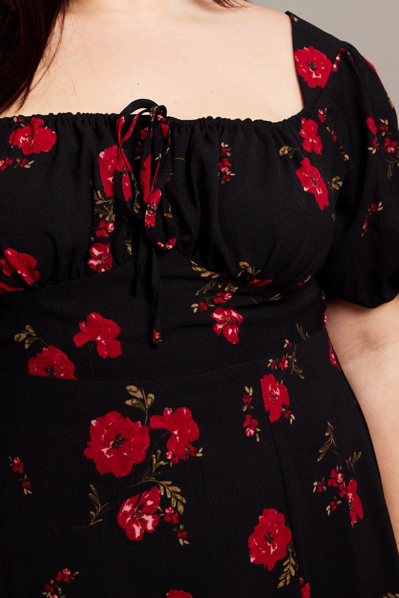 Black Ditsy Midi Dress Short Sleeve Ruched Bust - Image 6