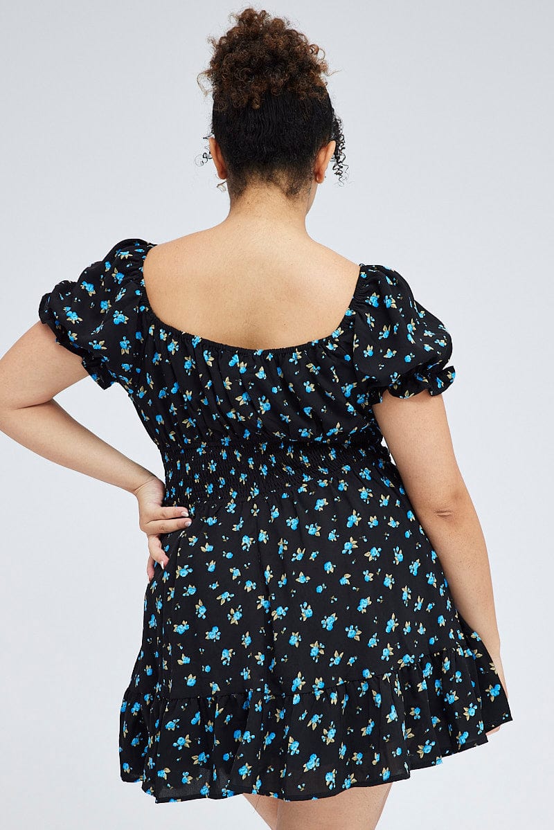 Black Ditsy Mini Dress Puff Sleeve Gather Detail - Image 5