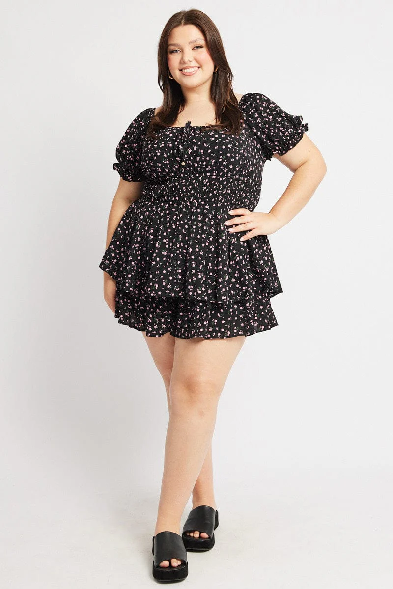 Black Ditsy Playsuit Short Sleeve Ruched Bust - Image 3