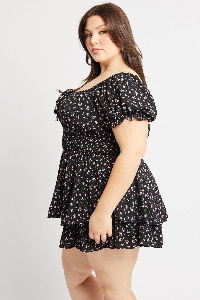 Black Ditsy Playsuit Short Sleeve Ruched Bust - Image 4