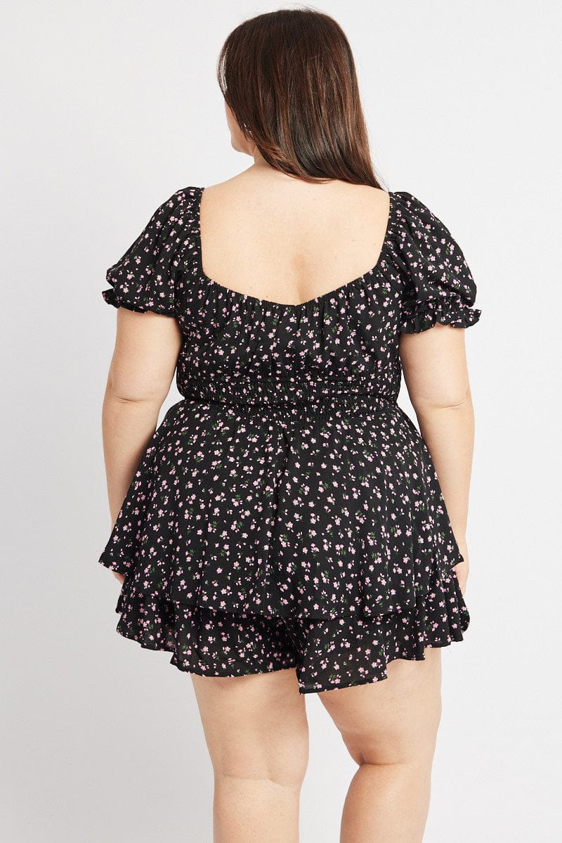 Black Ditsy Playsuit Short Sleeve Ruched Bust - Image 5