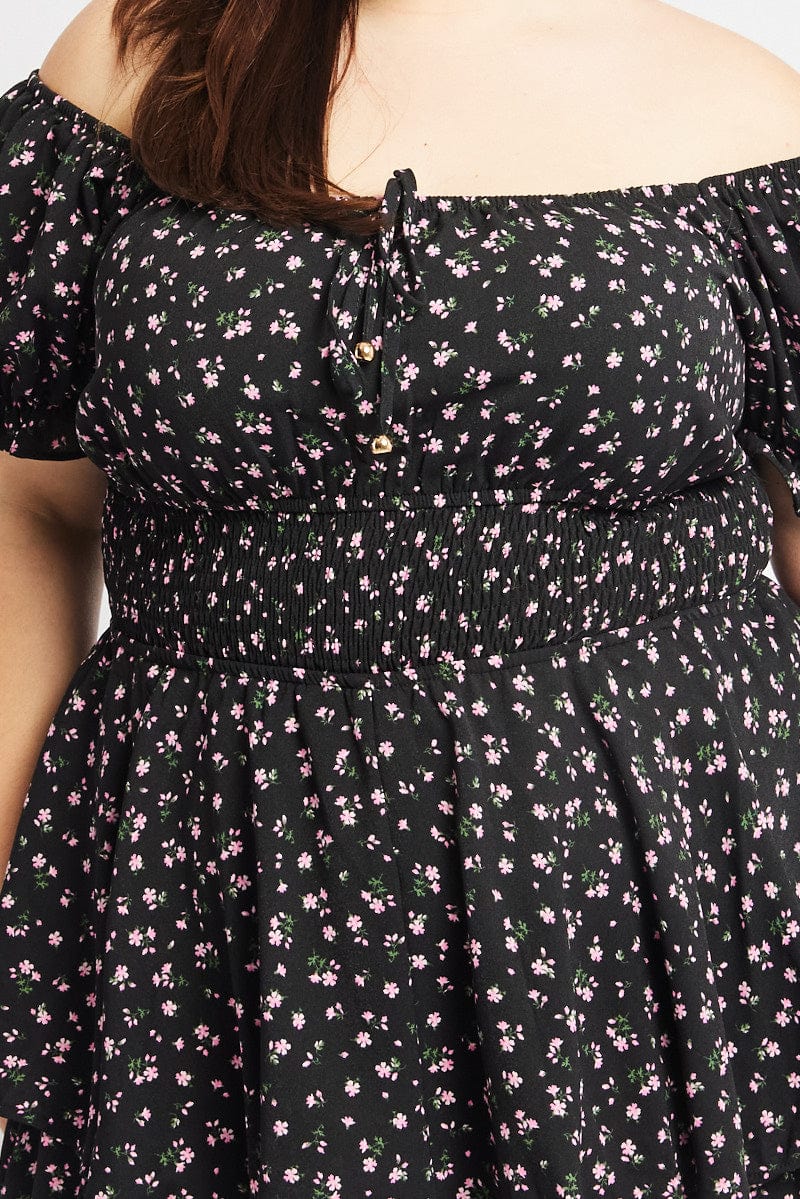 Black Ditsy Playsuit Short Sleeve Ruched Bust - Image 6