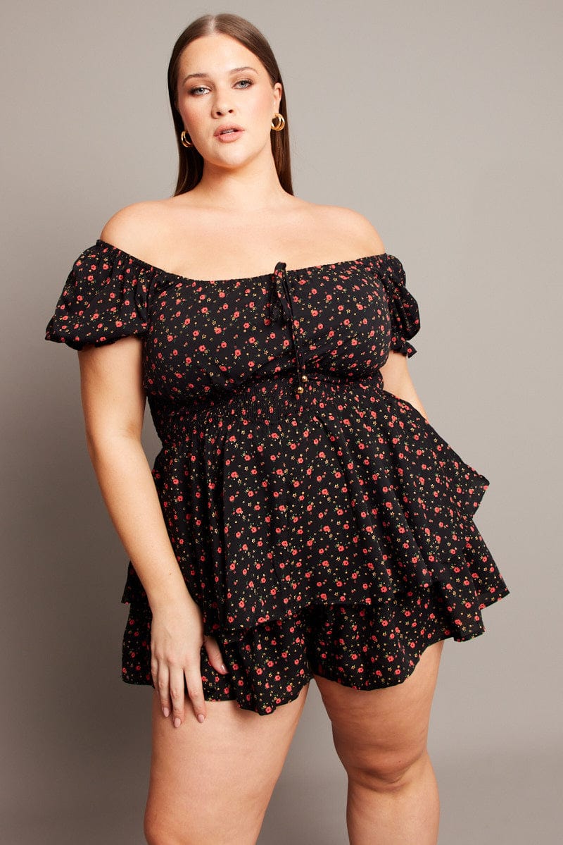Black Ditsy Ruffle Playsuit Short Sleeve