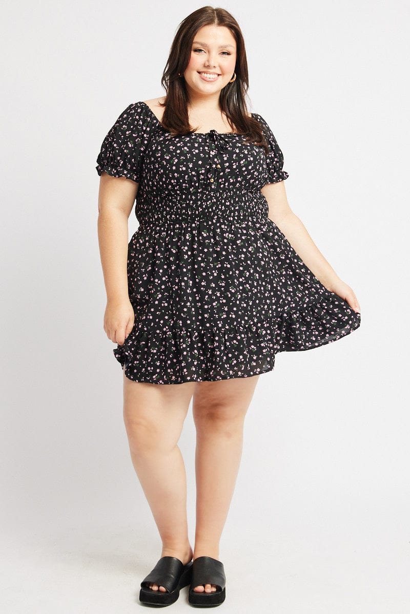 Black Ditsy Scoop Neck Shirred Waist Minidress - Image 2