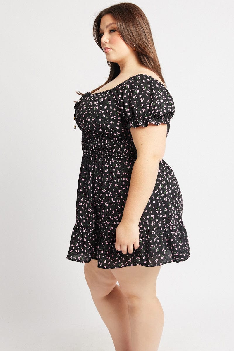 Black Ditsy Scoop Neck Shirred Waist Minidress - Image 4