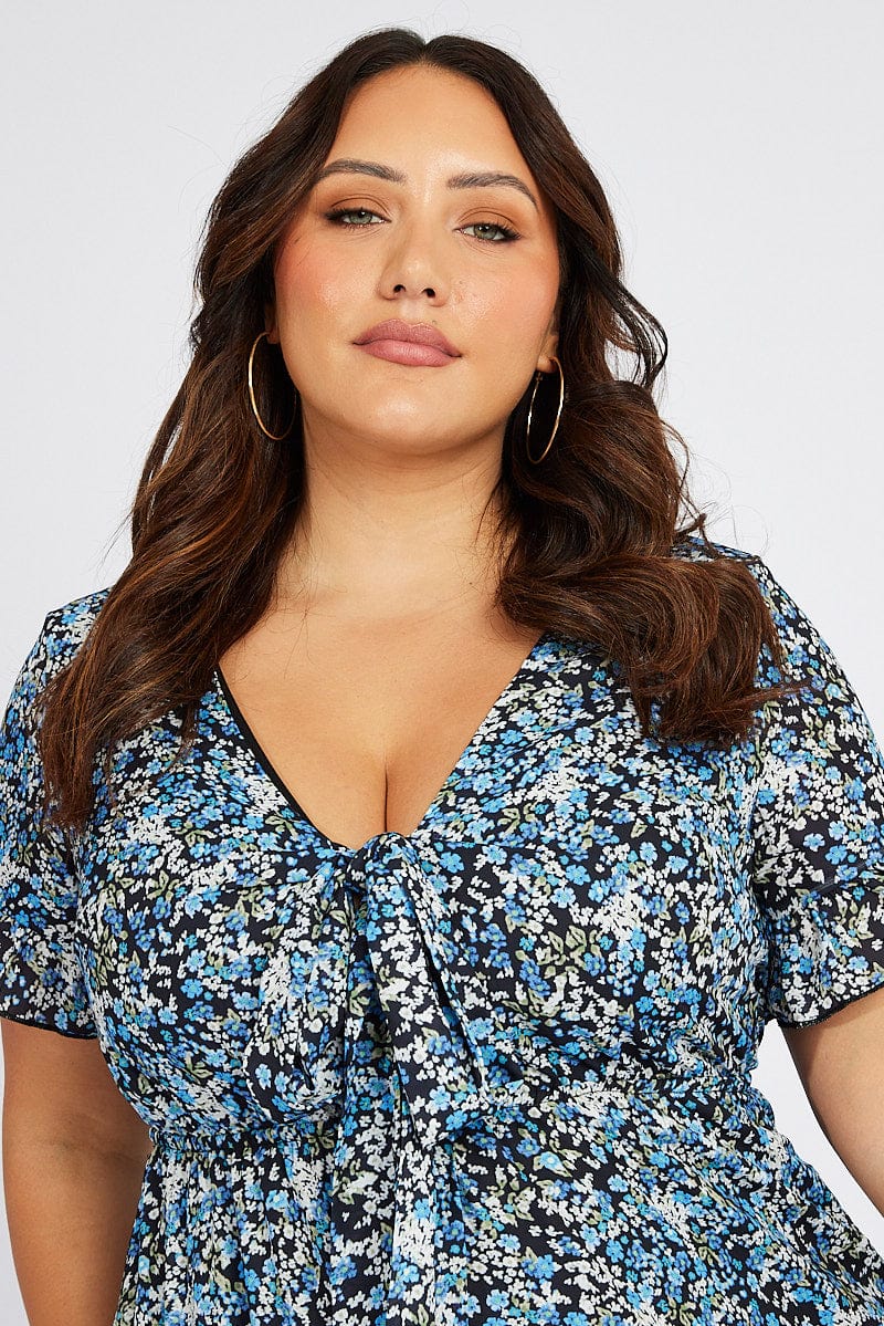 Black Ditsy Tie Front Frill Hem Dress - Image 3