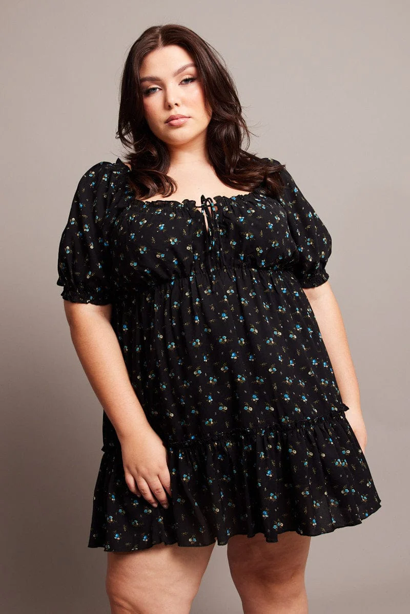 Black Ditsy Tie Front Mini Dress - Image 2