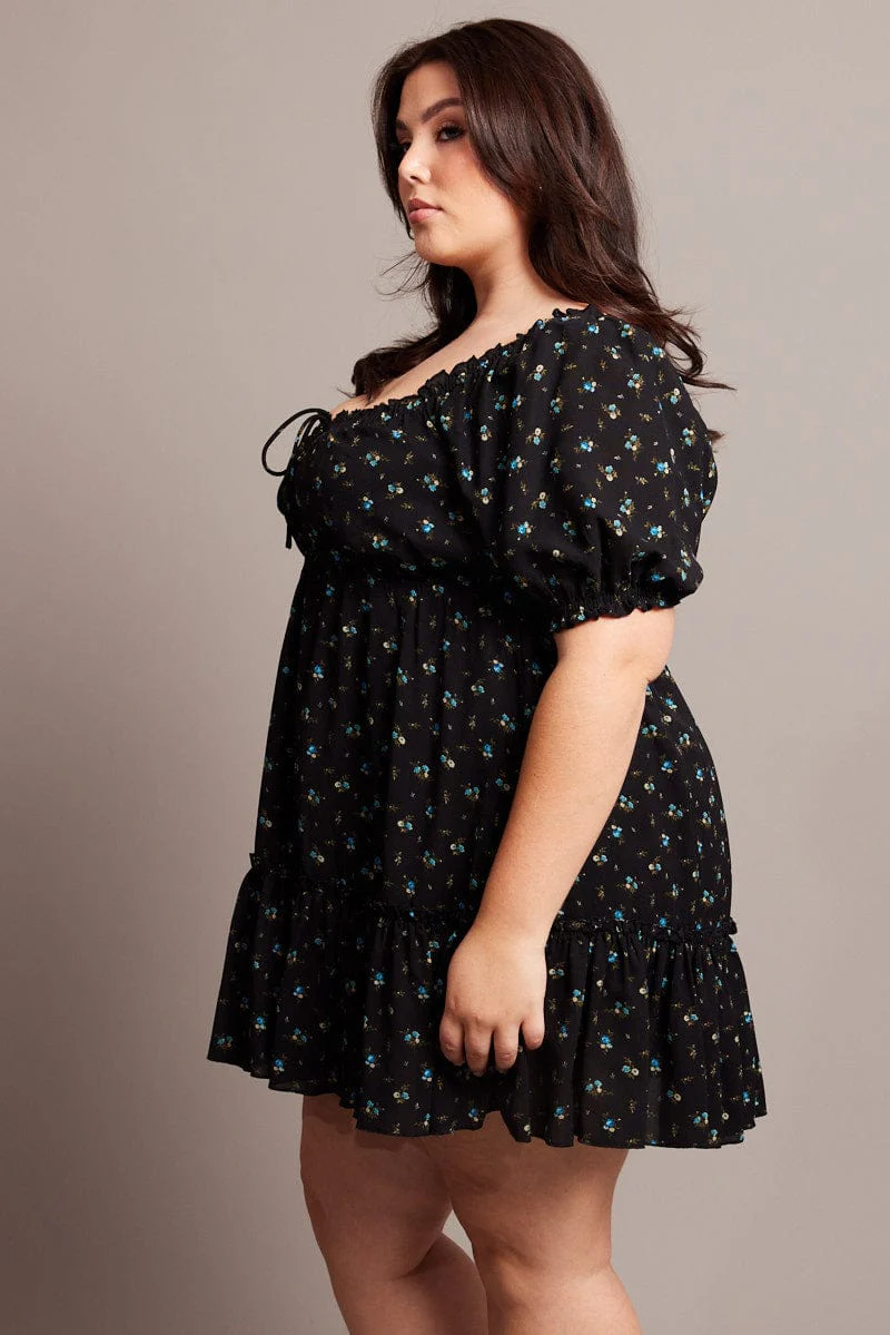 Black Ditsy Tie Front Mini Dress - Image 4