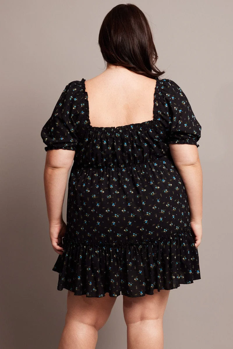 Black Ditsy Tie Front Mini Dress - Image 5