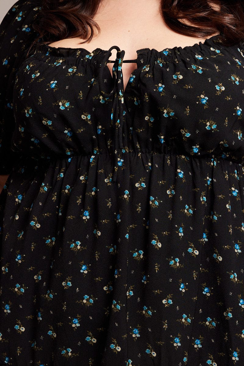 Black Ditsy Tie Front Mini Dress - Image 6