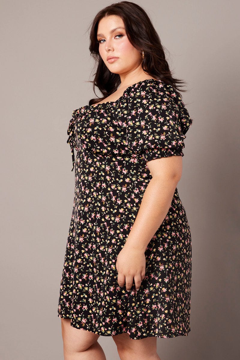 Black Ditsy Tie Front Shirred Sleeve Minidress - Image 4