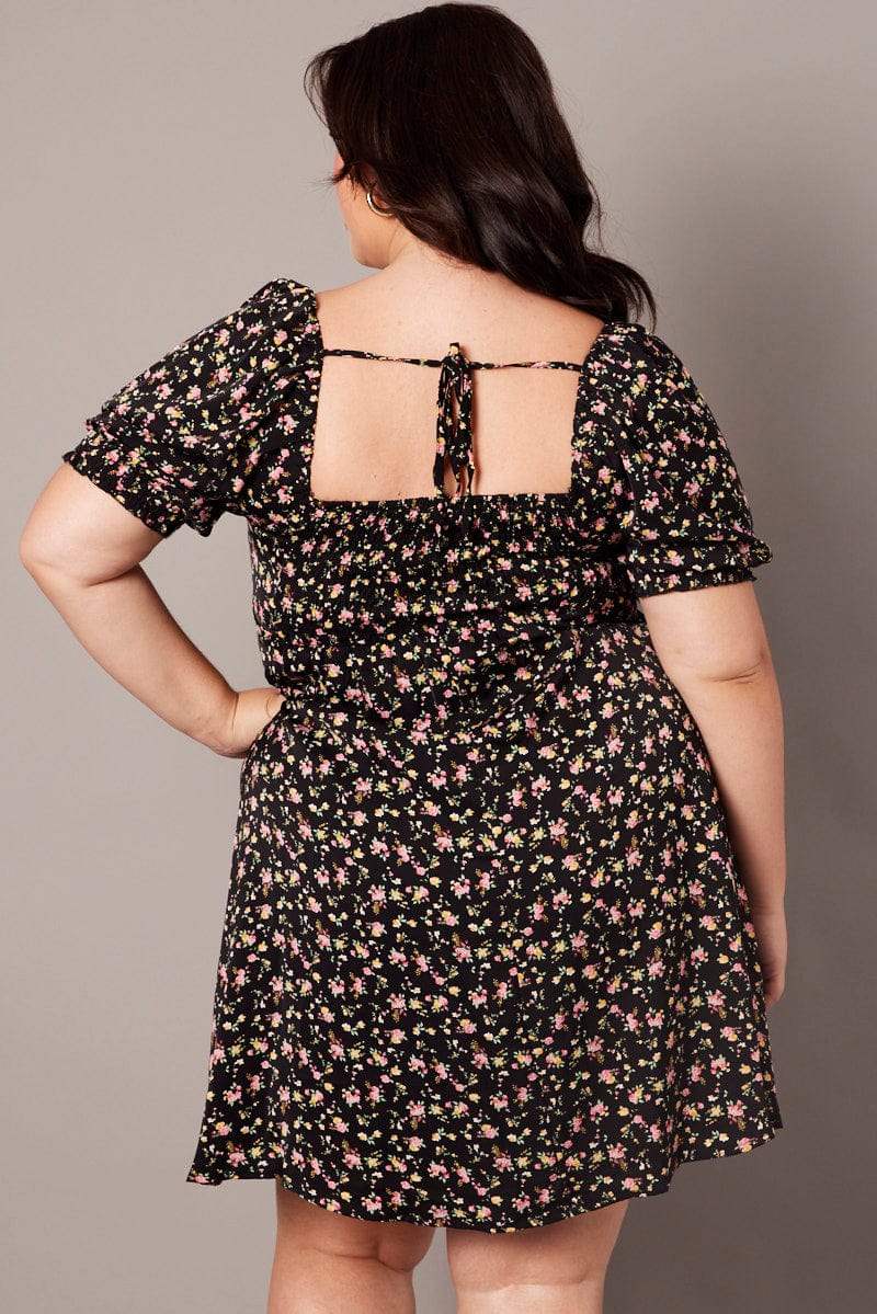 Black Ditsy Tie Front Shirred Sleeve Minidress - Image 5
