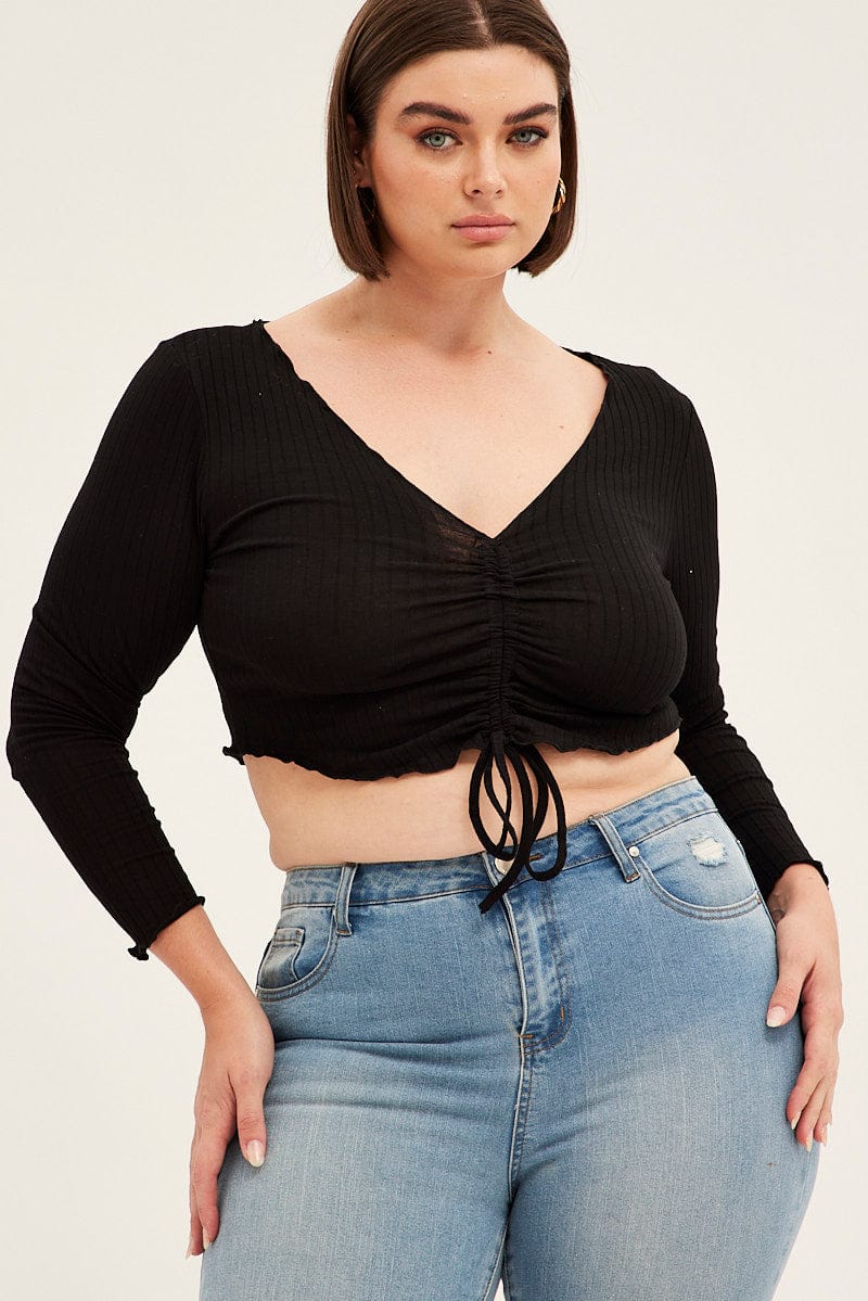 Black Drawstring T-shirt Lettuce Edge Long Sleeve Rib