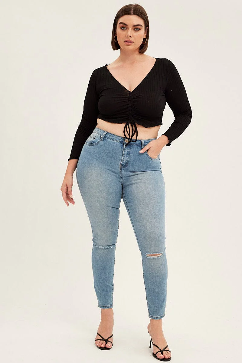 Black Drawstring T-shirt Lettuce Edge Long Sleeve Rib - Image 2