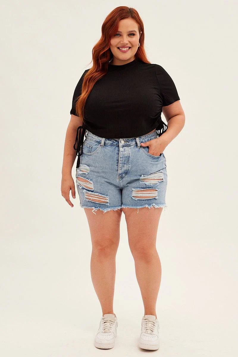 Black Drawstring Top Short Sleeve Rib Jersey - Image 2
