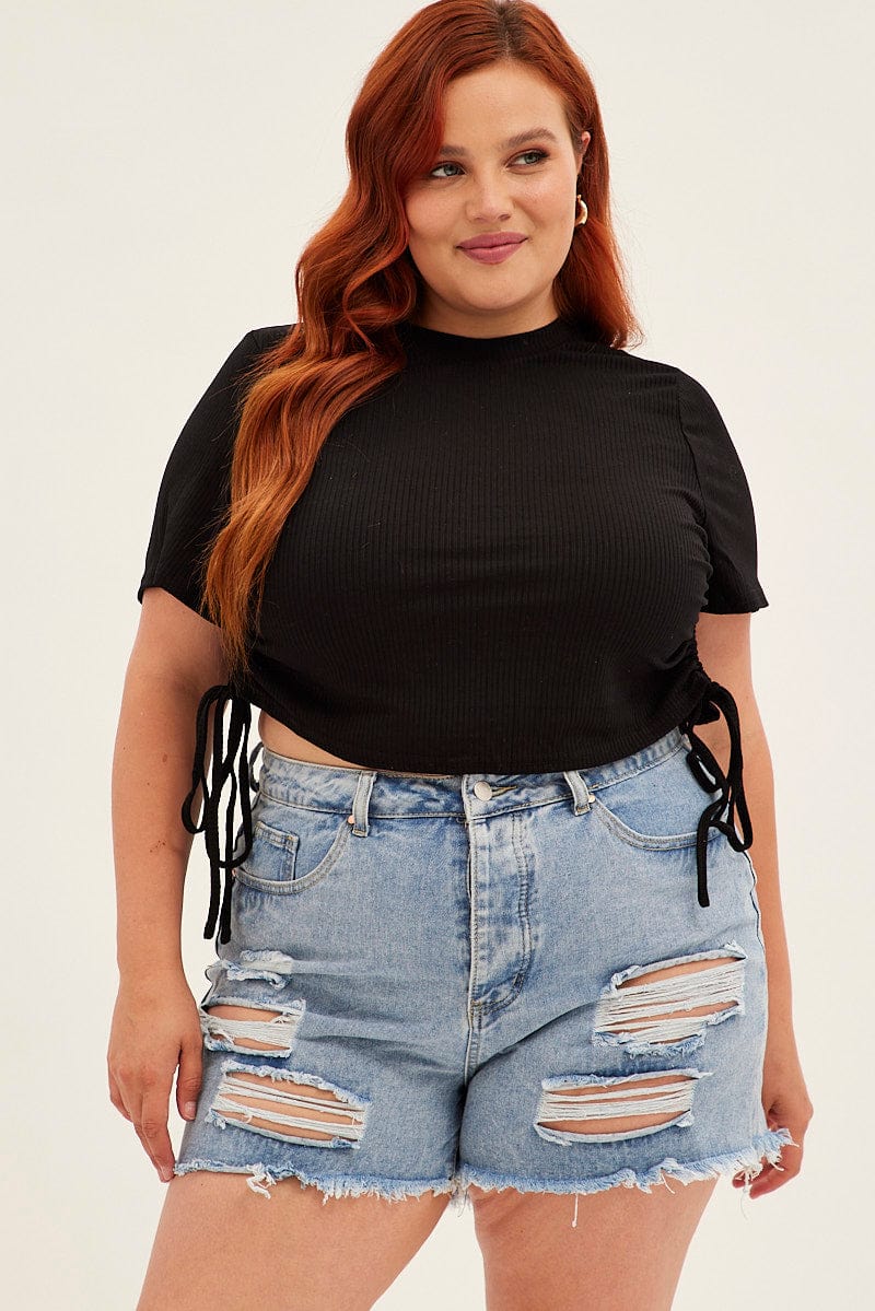 Black Drawstring Top Short Sleeve Rib Jersey - Image 3