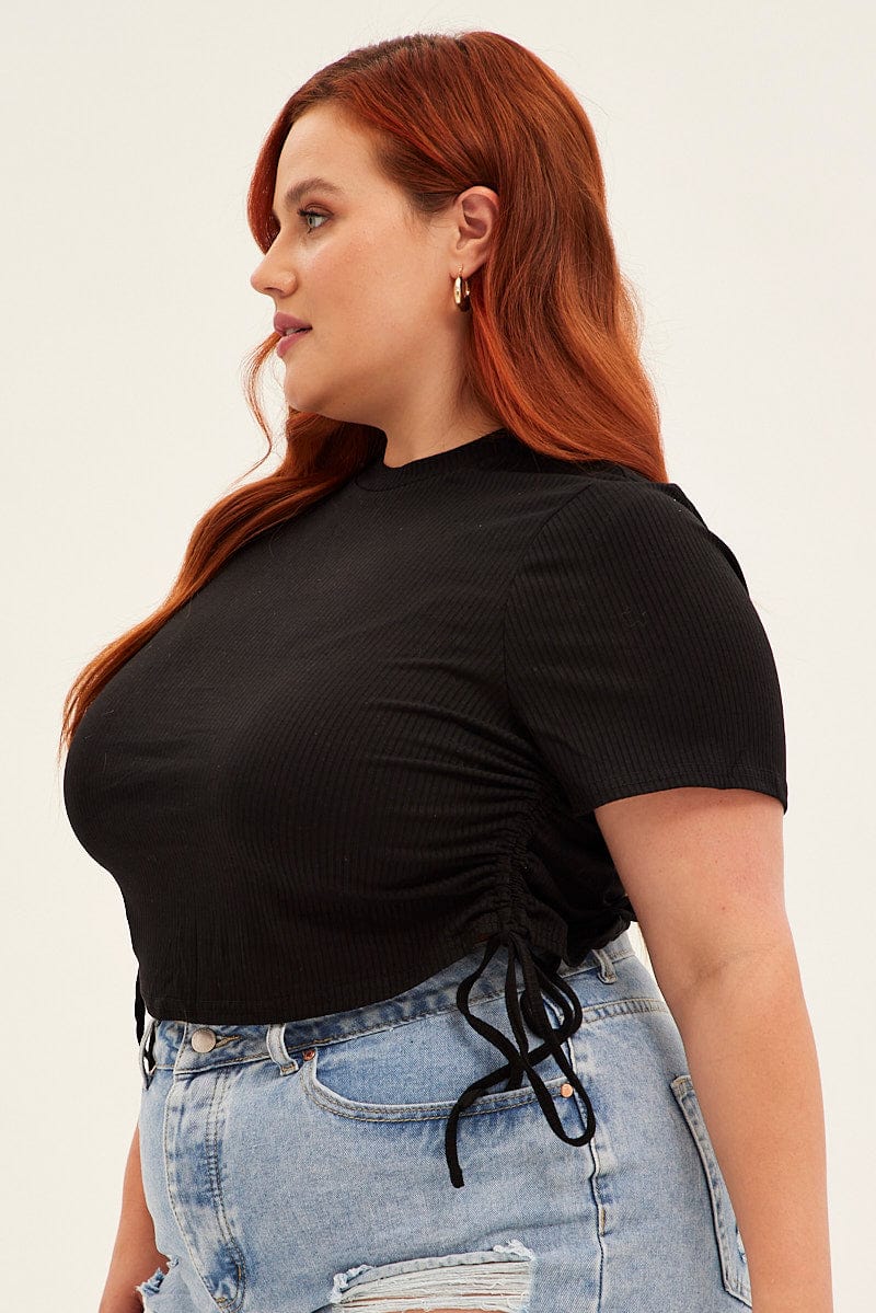 Black Drawstring Top Short Sleeve Rib Jersey - Image 4