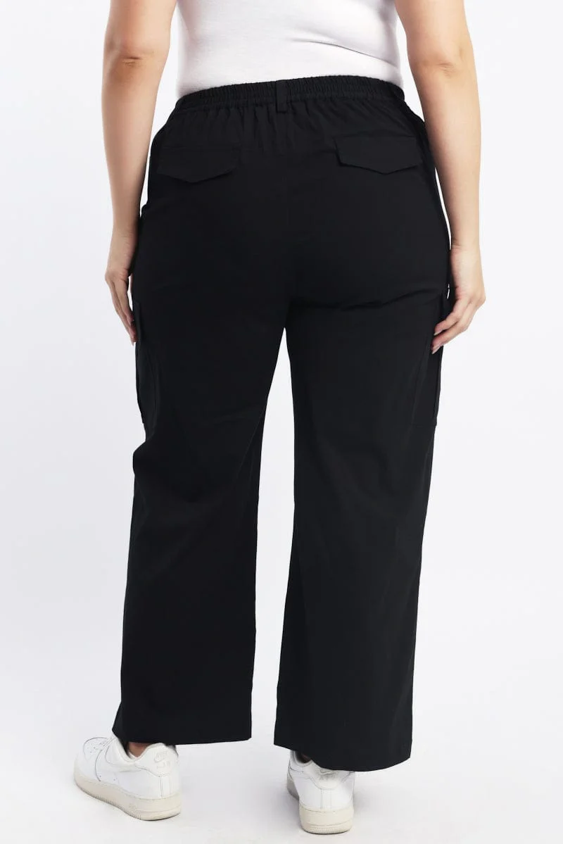 Black Elastic Back Stretch Cotton Poplin Cargo Pants - Image 4