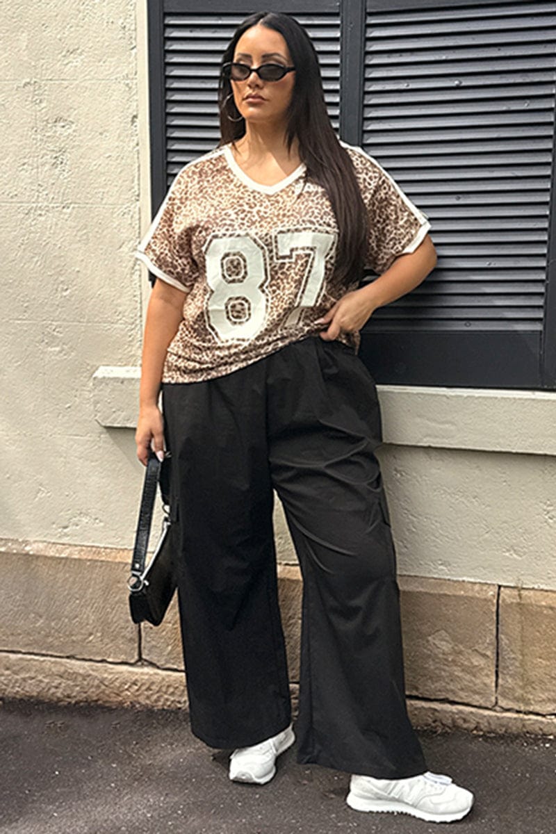 Black Elastic Waist Wide Leg Cotton Blend Cargo Pants