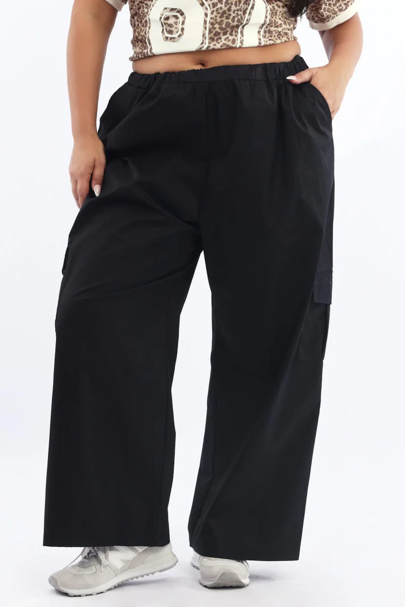 Black Elastic Waist Wide Leg Cotton Blend Cargo Pants - Image 3