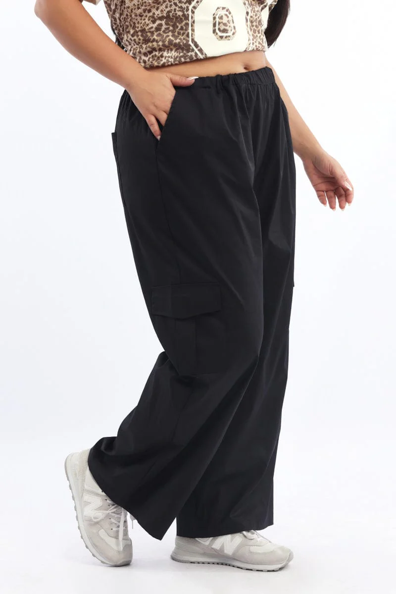 Black Elastic Waist Wide Leg Cotton Blend Cargo Pants - Image 4