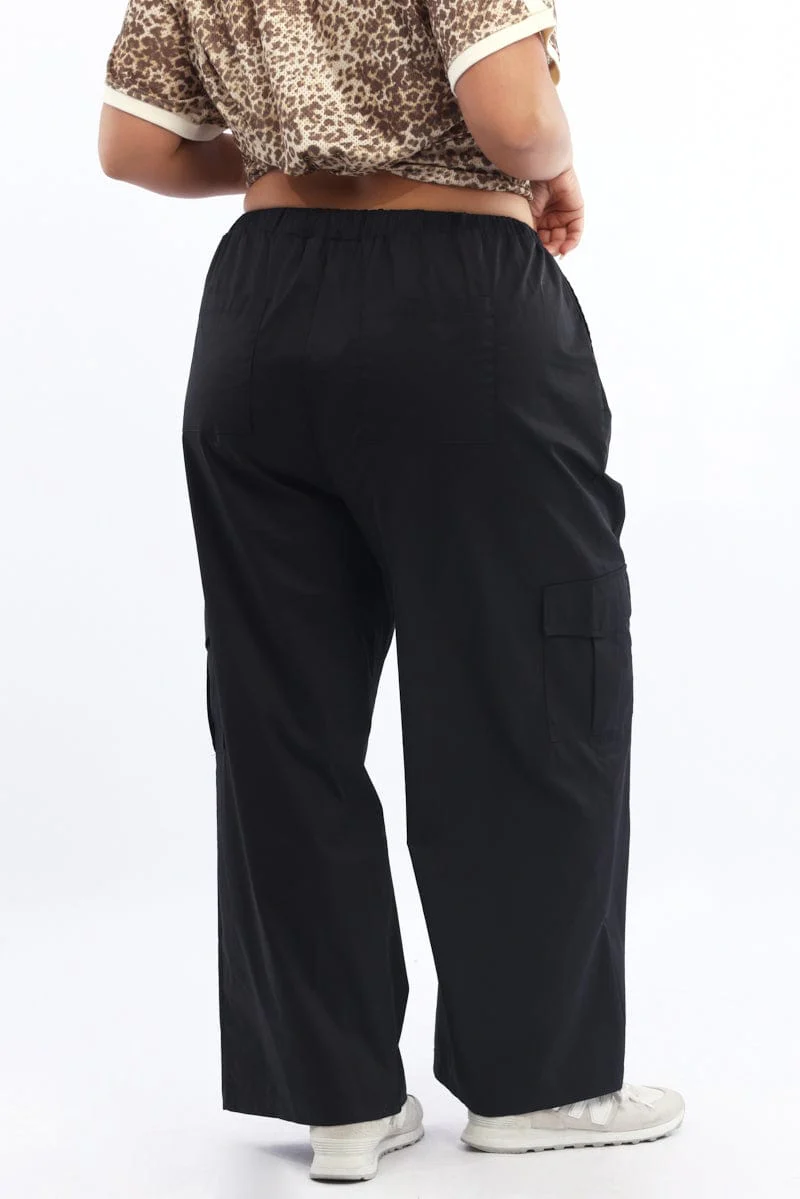 Black Elastic Waist Wide Leg Cotton Blend Cargo Pants - Image 5