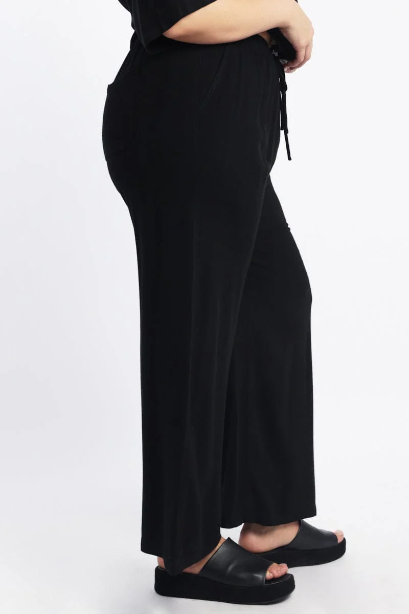 Black Elastic Waist Wide Leg Linen Blend Pants - Image 3