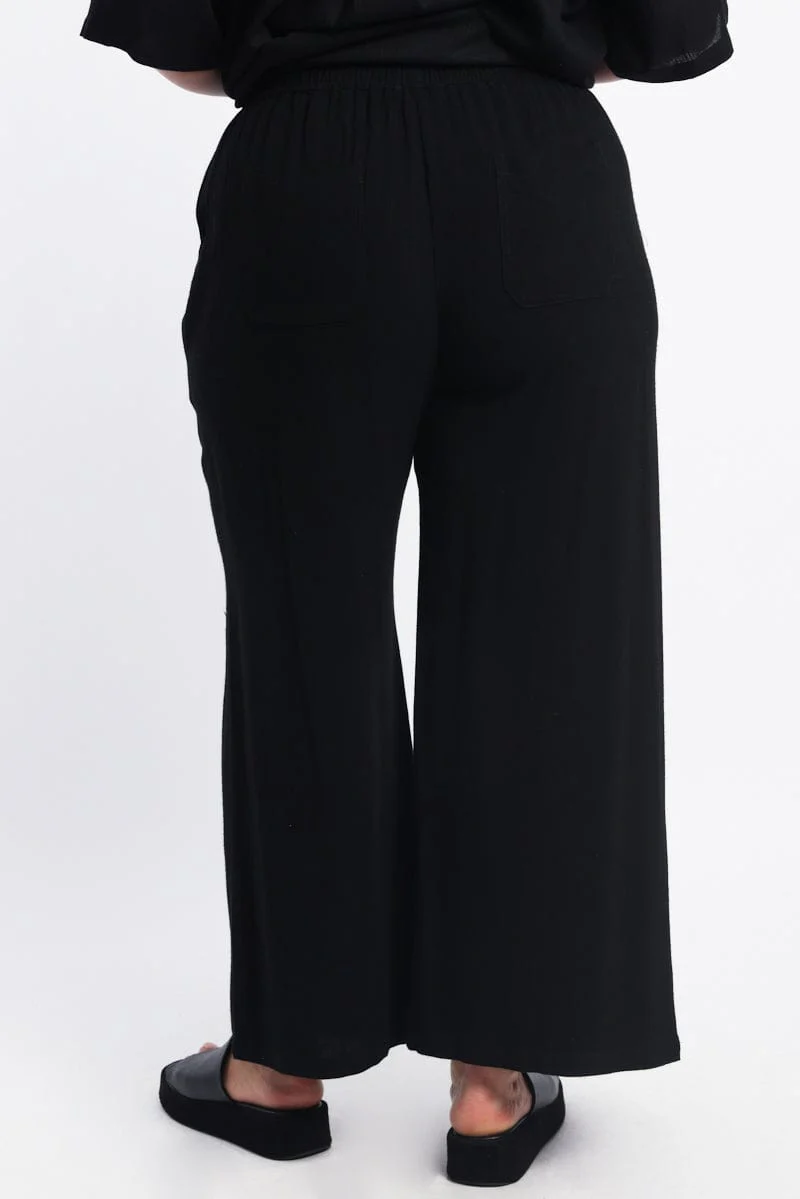 Black Elastic Waist Wide Leg Linen Blend Pants - Image 4
